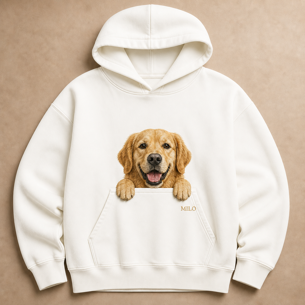 White custom pet peek embroidered hoodie with golden retriever