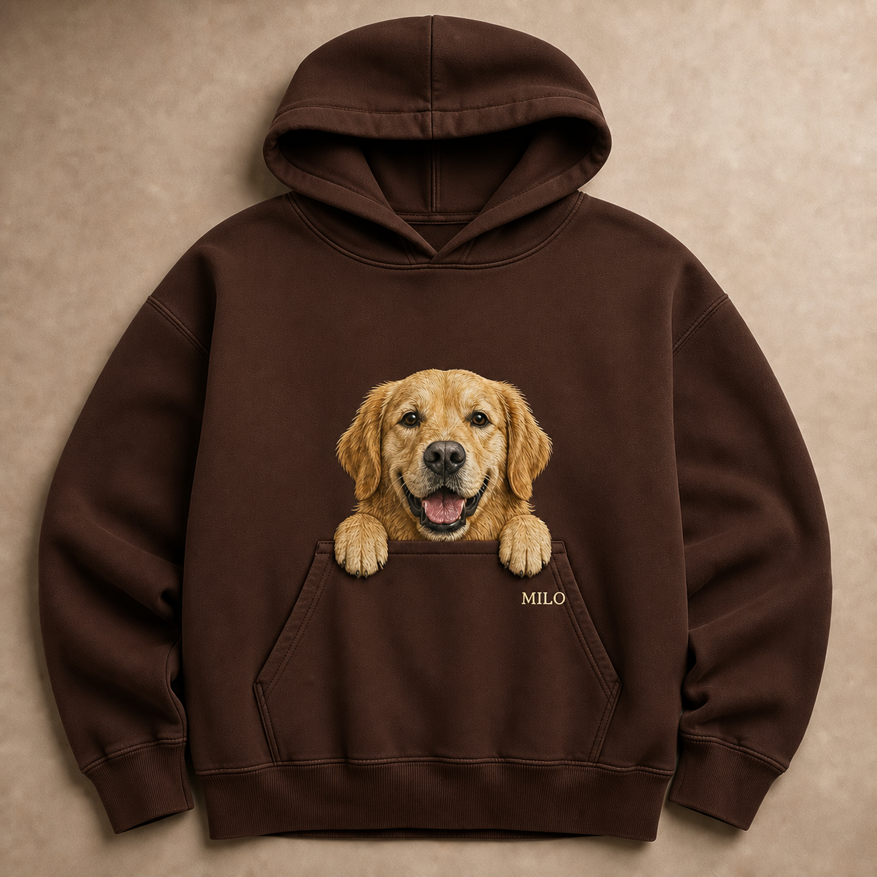 Chocolate brown custom pet peek embroidered hoodie with golden retriever
