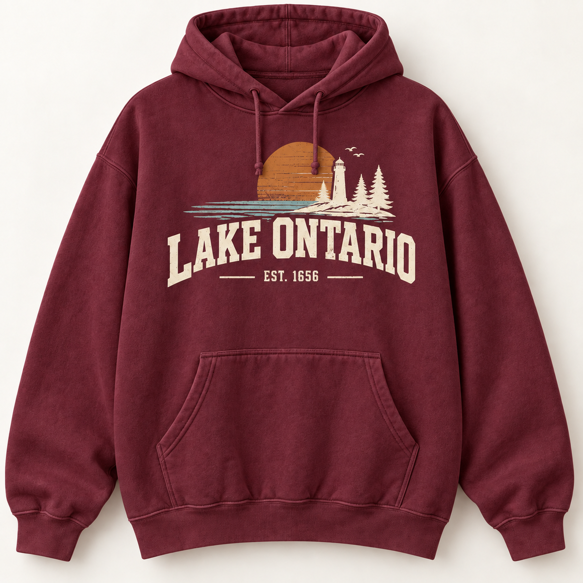Lake Ontario EST. 1656 Vintage Unisex Hoodie — Maroon — front view