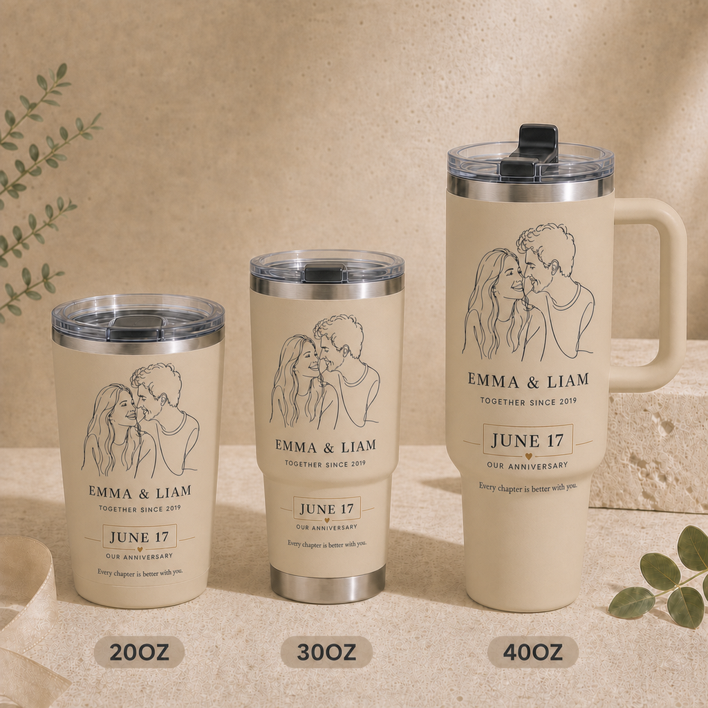 Our Anniversary personalized tumbler in Sand Beige, shown in 20oz, 30oz, and 40oz sizes