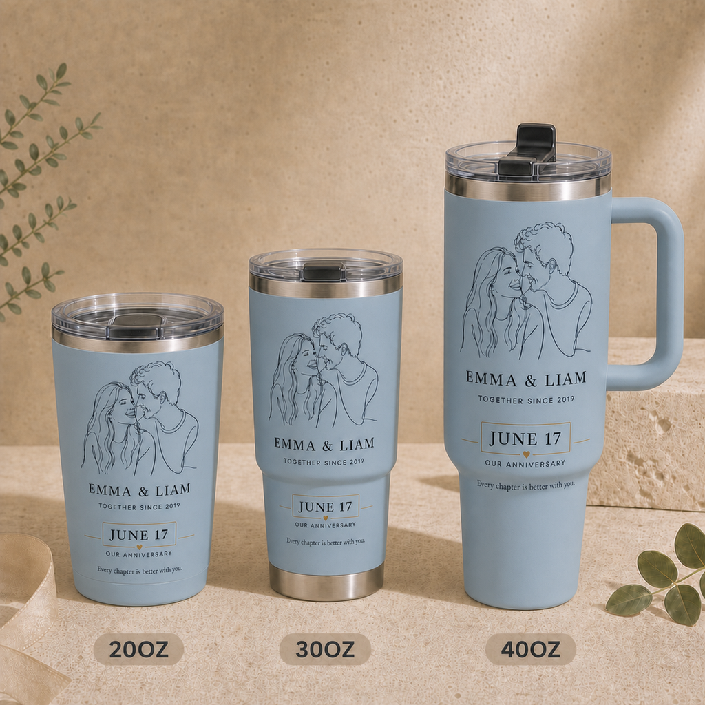 Our Anniversary personalized tumbler in Dusty Blue, shown in 20oz, 30oz, and 40oz sizes