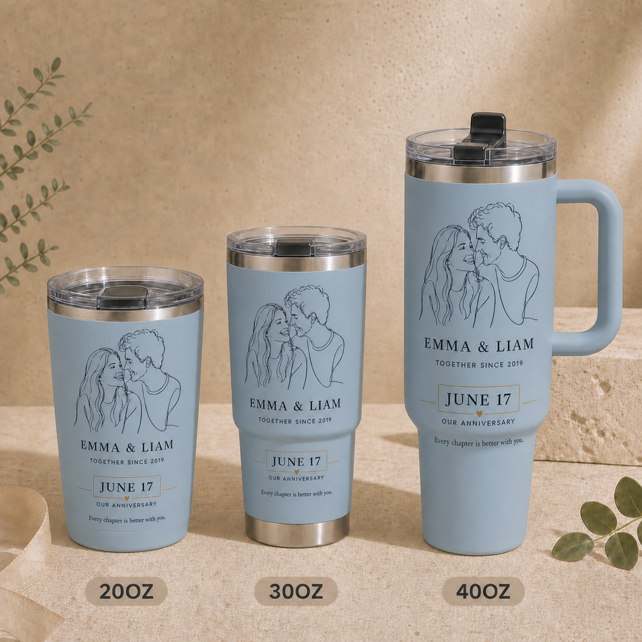 Our Anniversary personalized tumbler in Dusty Blue, shown in 20oz, 30oz, and 40oz sizes