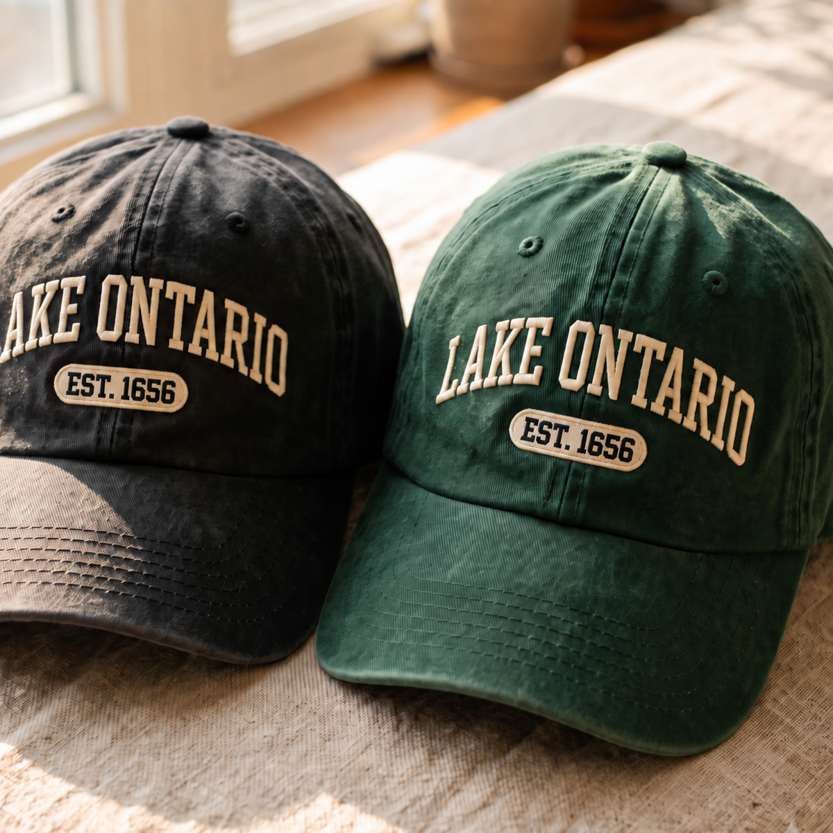 Lake Ontario EST. 1656 Vintage Embroidered Cap — Washed Black and Forest Green lifestyle view