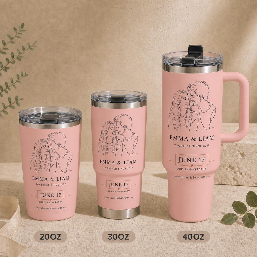 Our Anniversary personalized tumbler in Blush Pink, shown in 20oz, 30oz, and 40oz sizes