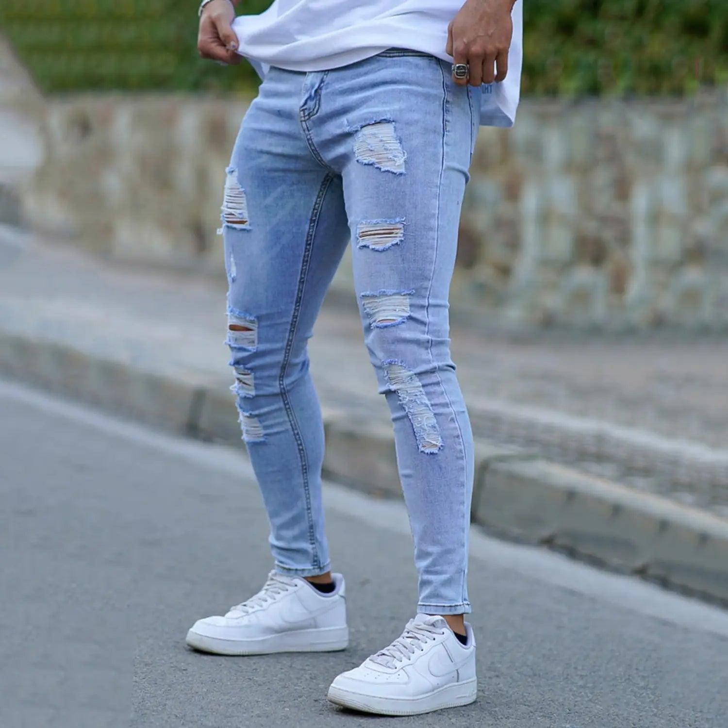 Men's Ripped Stretch Jeans Slim Fit Distressed Skinny Denim