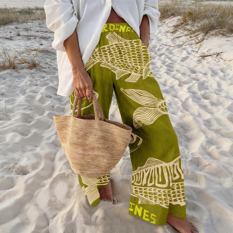 Women's Retro Nautical-Style Sardine Print Wide-Leg Pants