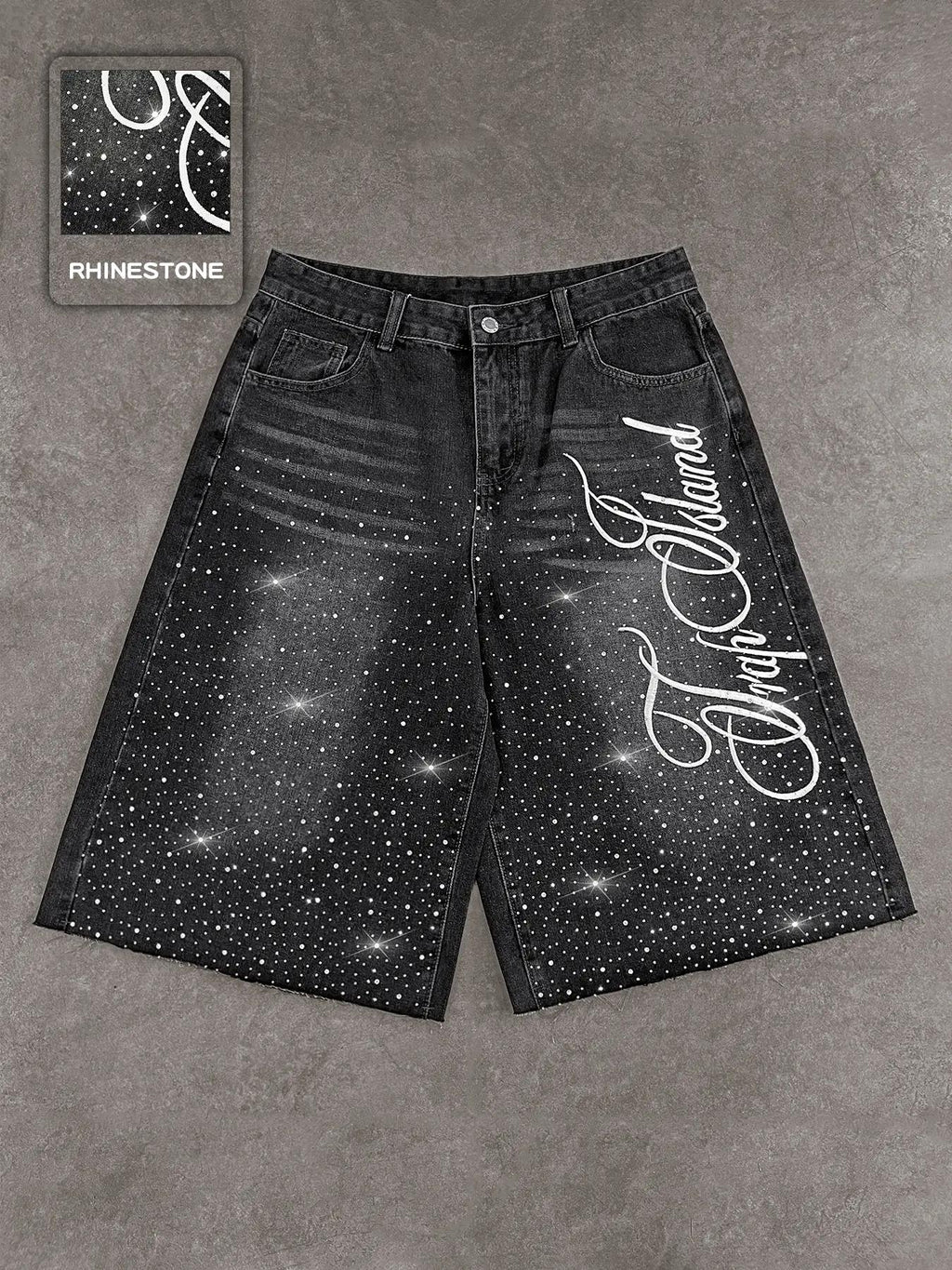 Rhinestone Loose Straight Leg Five-Quarter Shorts