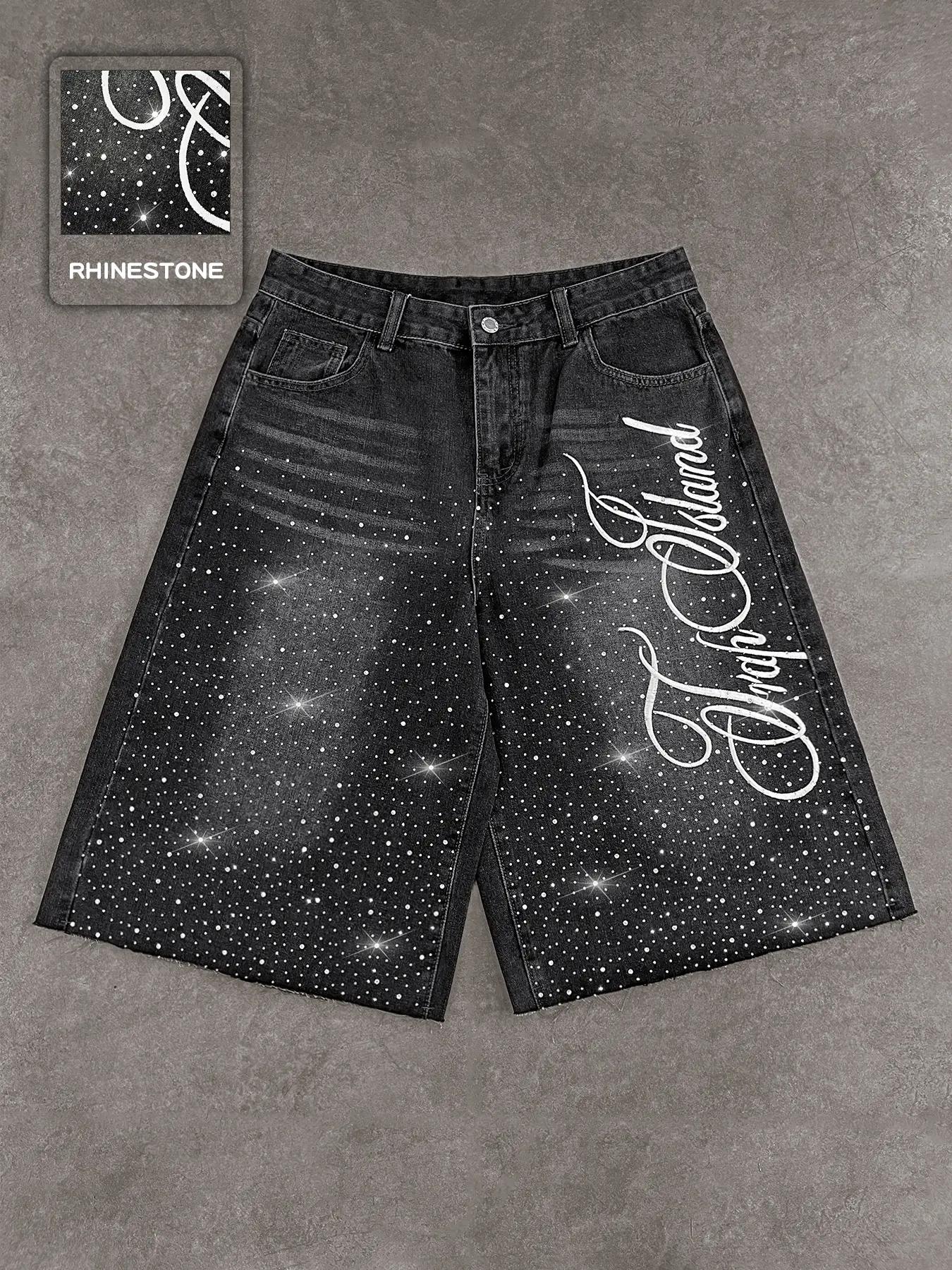 Rhinestone Loose Straight Leg Five-Quarter Shorts