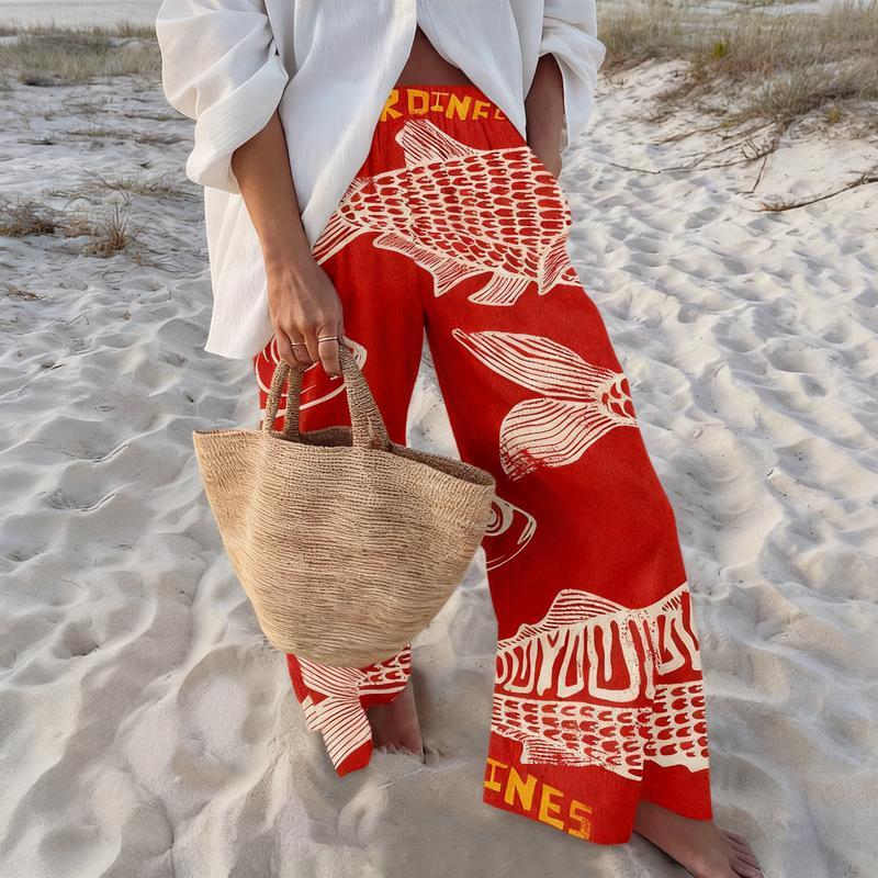 Women's Retro Nautical-Style Sardine Print Wide-Leg Pants