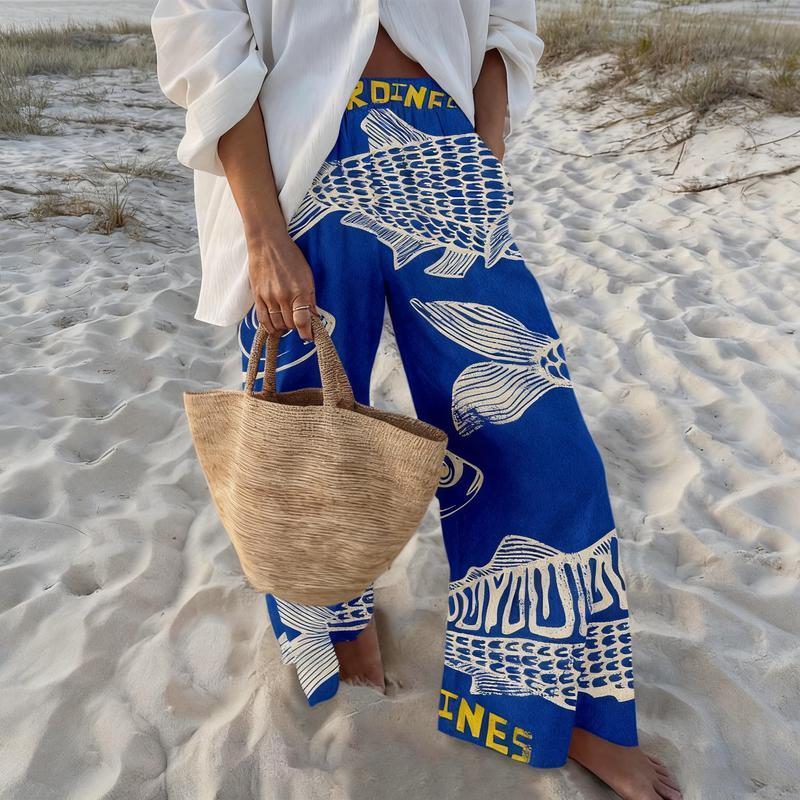Women's Retro Nautical-Style Sardine Print Wide-Leg Pants