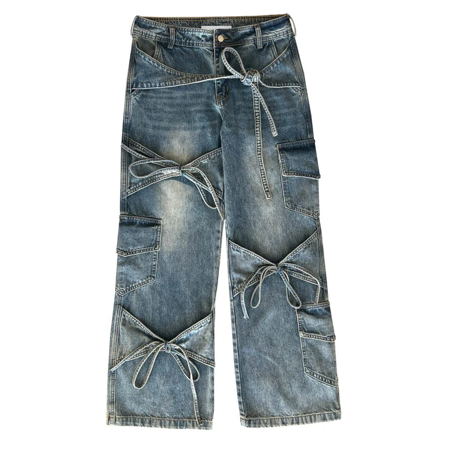 Vintage Casual Bow Lace-up Jeans