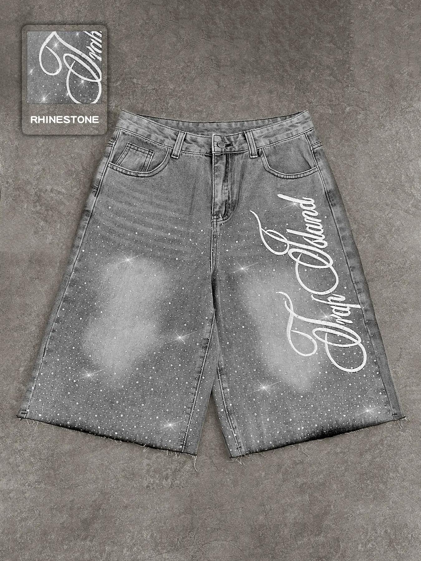 Rhinestone Loose Straight Leg Five-Quarter Shorts
