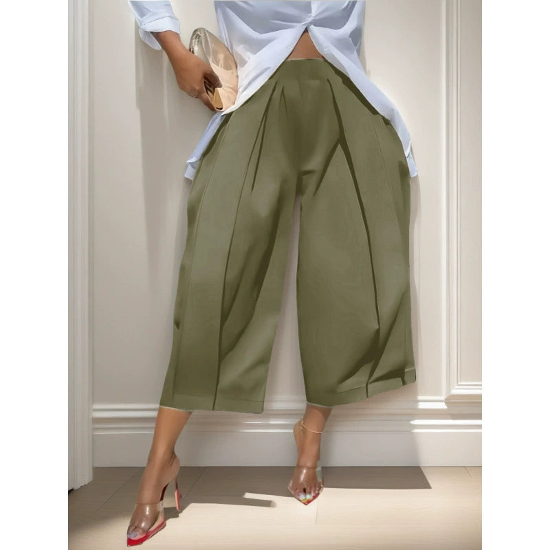 Loose Wide Leg Pleated Pockets Solid Color Pants