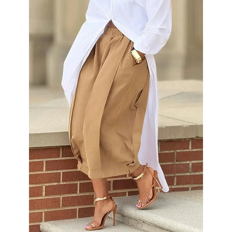 Loose Wide Leg Pleated Pockets Solid Color Pants