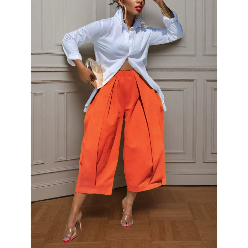 Loose Wide Leg Pleated Pockets Solid Color Pants