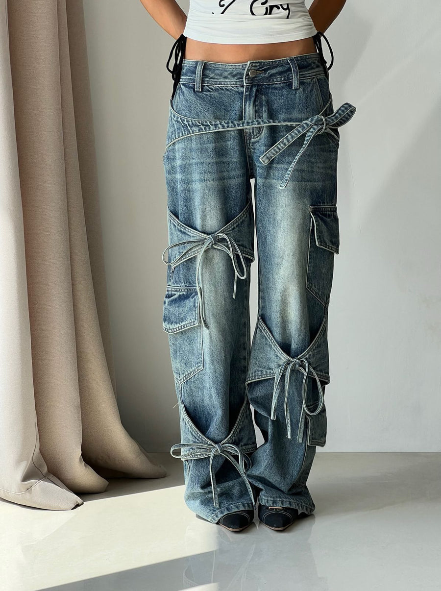 Vintage Casual Bow Lace-up Jeans