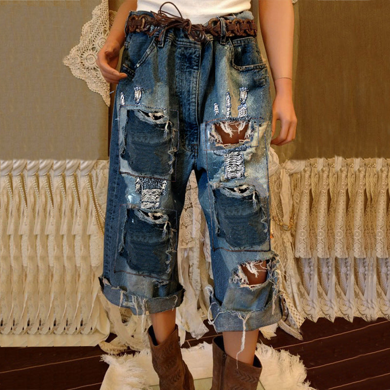 Vintage Loose Ripped Cropped Jeans