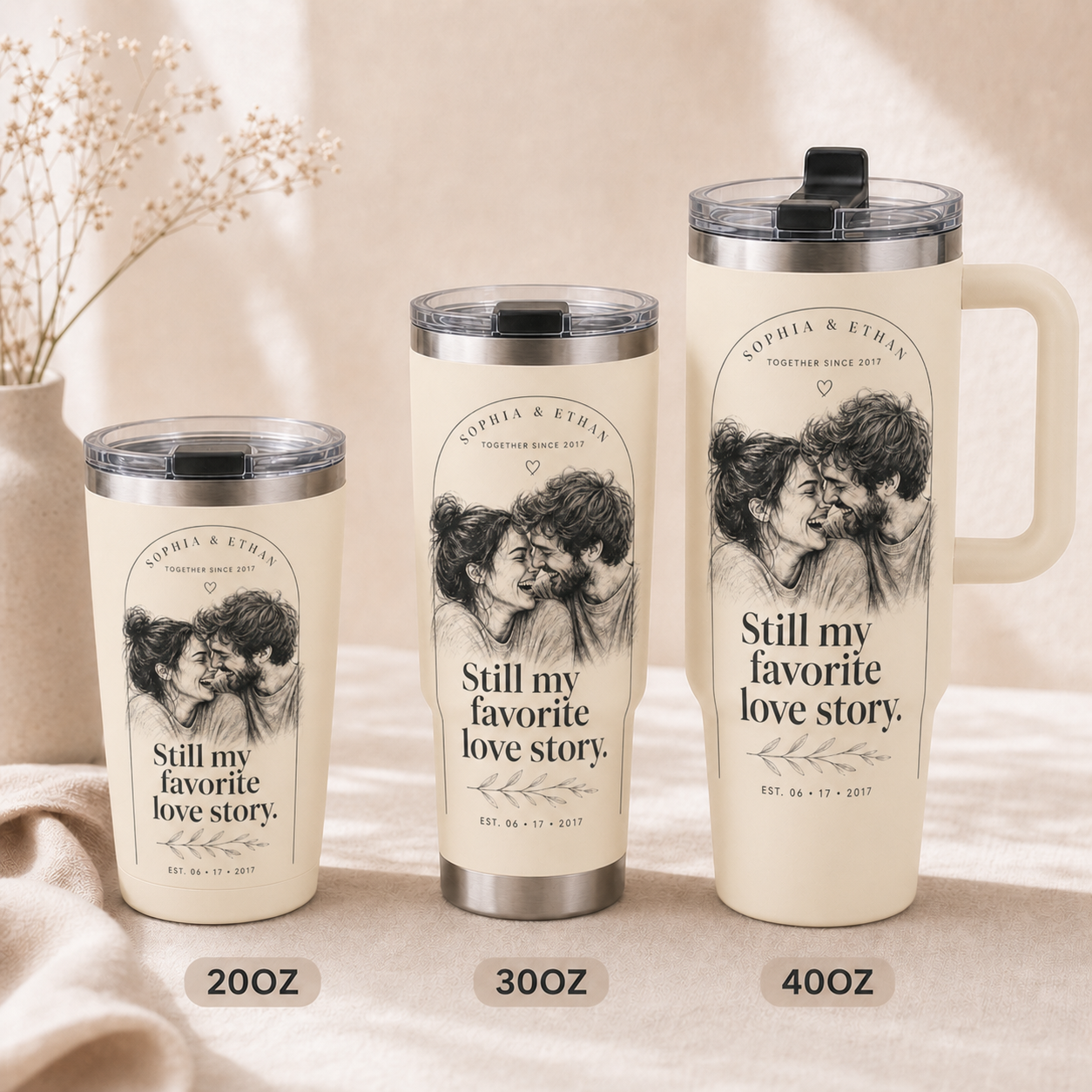 Favorite Love Story personalized tumbler in Cream Ivory, shown in 20oz, 30oz, and 40oz sizes
