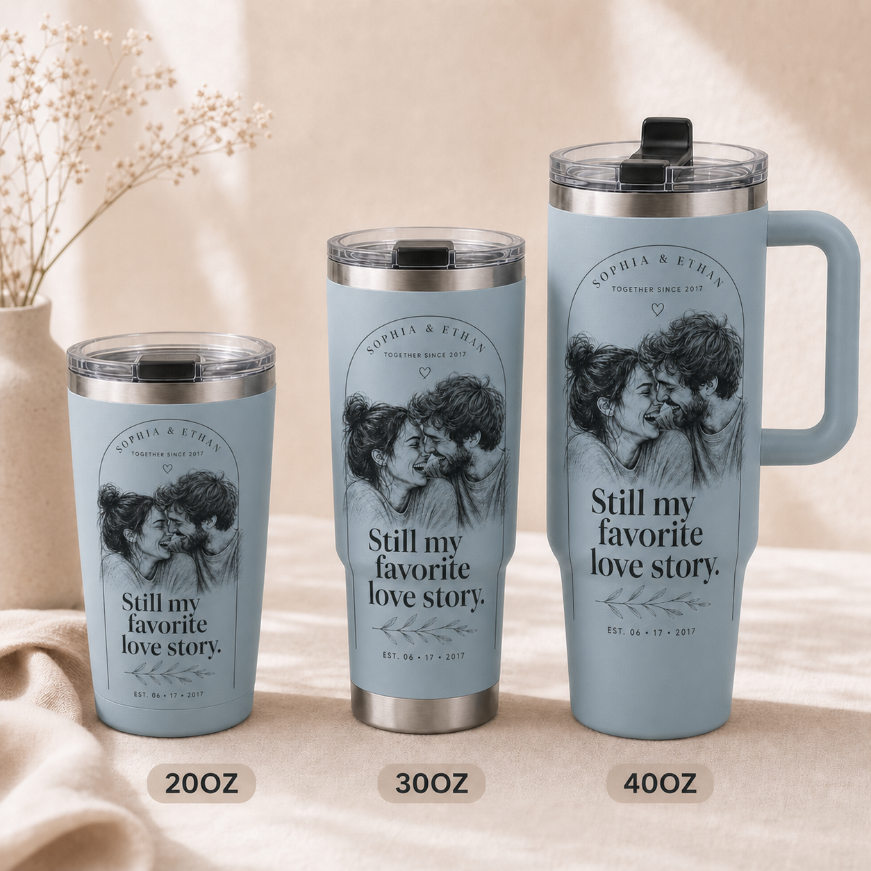 Favorite Love Story personalized tumbler in Dusty Blue, shown in 20oz, 30oz, and 40oz sizes