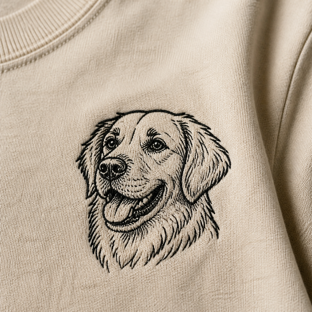 Macro detail of custom pet portrait embroidery and heavyweight fabric