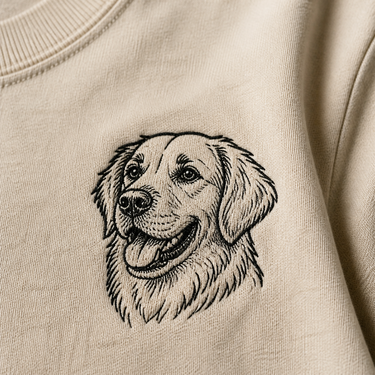 Macro detail of custom pet portrait embroidery and heavyweight fabric