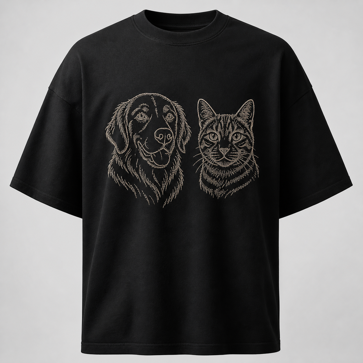 Black heavyweight T-shirt with multiple embroidered pet portraits