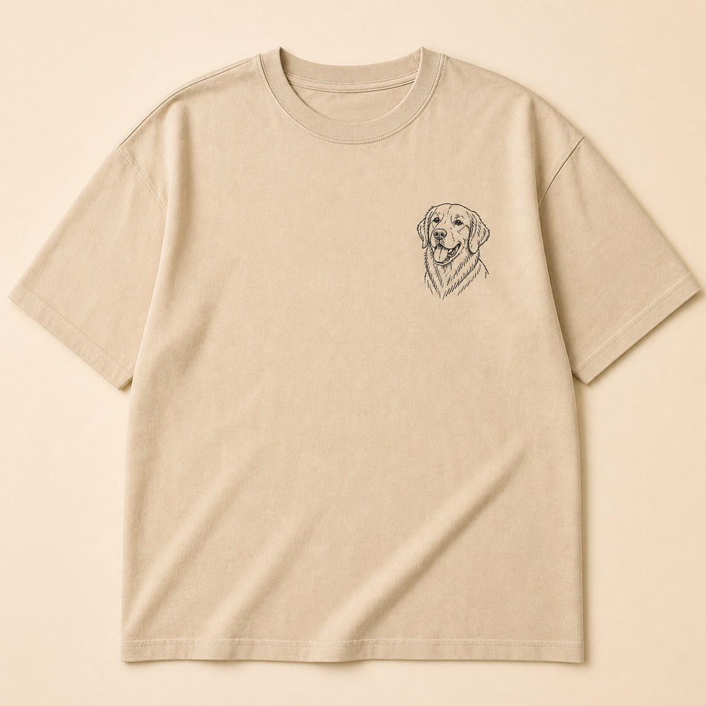 Bone heavyweight T-shirt with one embroidered pet portrait