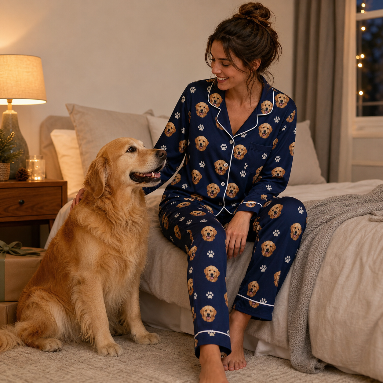 Personalized pet face pajama set lifestyle view with dog