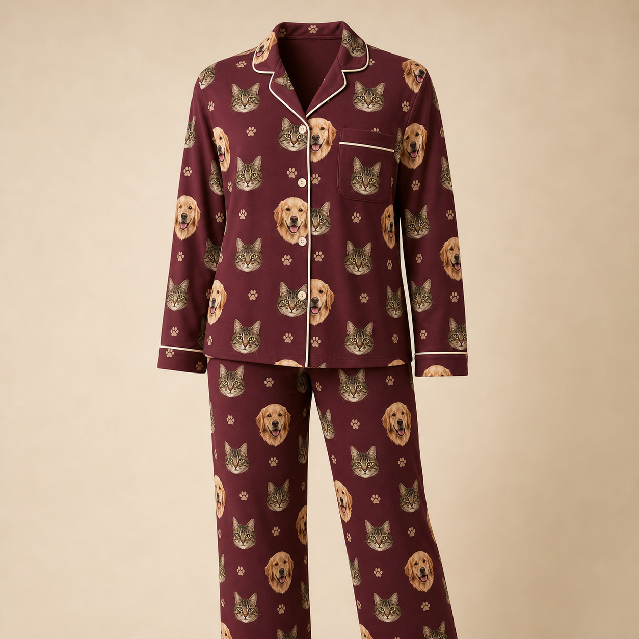 Burgundy personalized pajama set with multiple pet face pattern