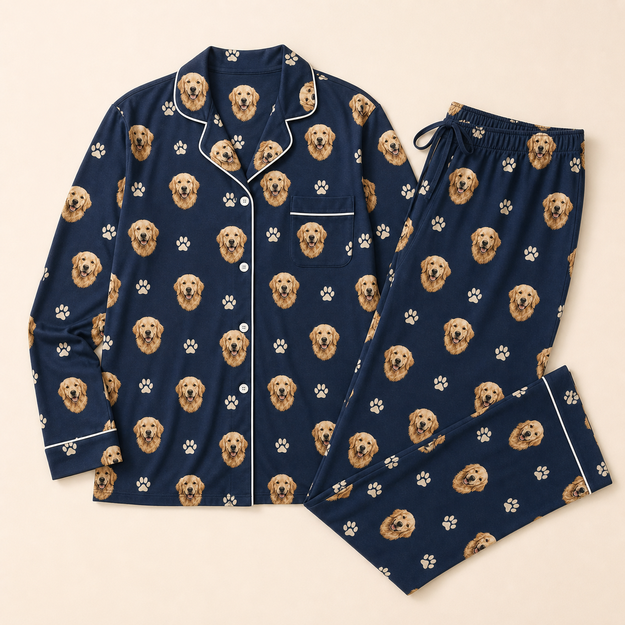 Navy personalized pajama set with one pet face pattern