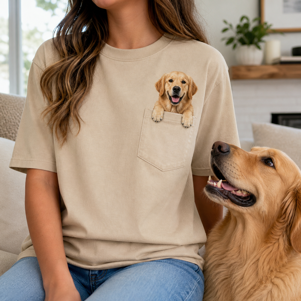 Sand custom pet-in-pocket T-shirt lifestyle view with dog