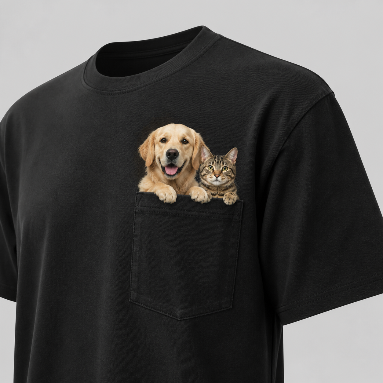 Black custom pet-in-pocket T-shirt with multiple pet portraits