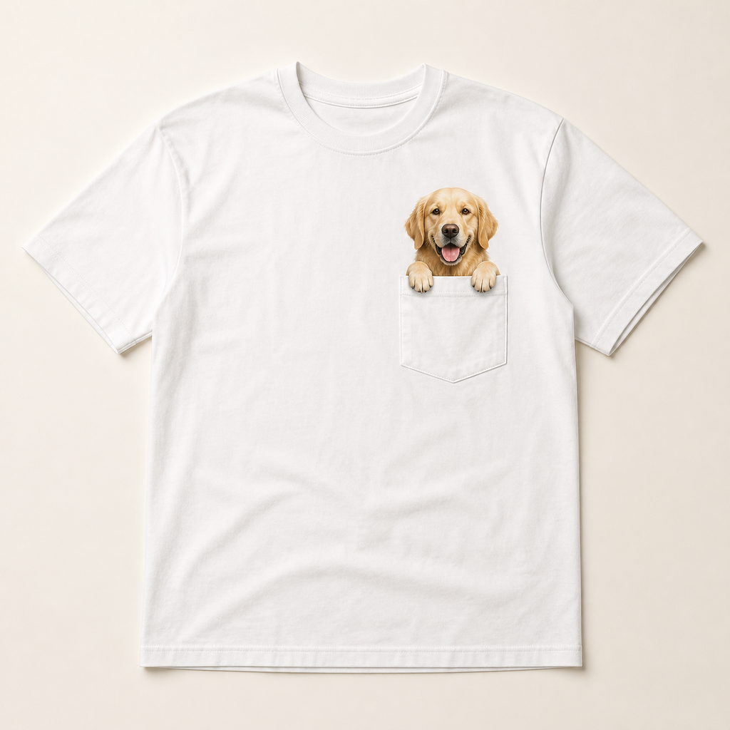 White custom pet-in-pocket T-shirt with one dog portrait
