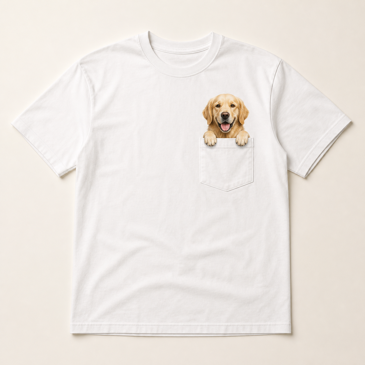 White custom pet-in-pocket T-shirt with one dog portrait