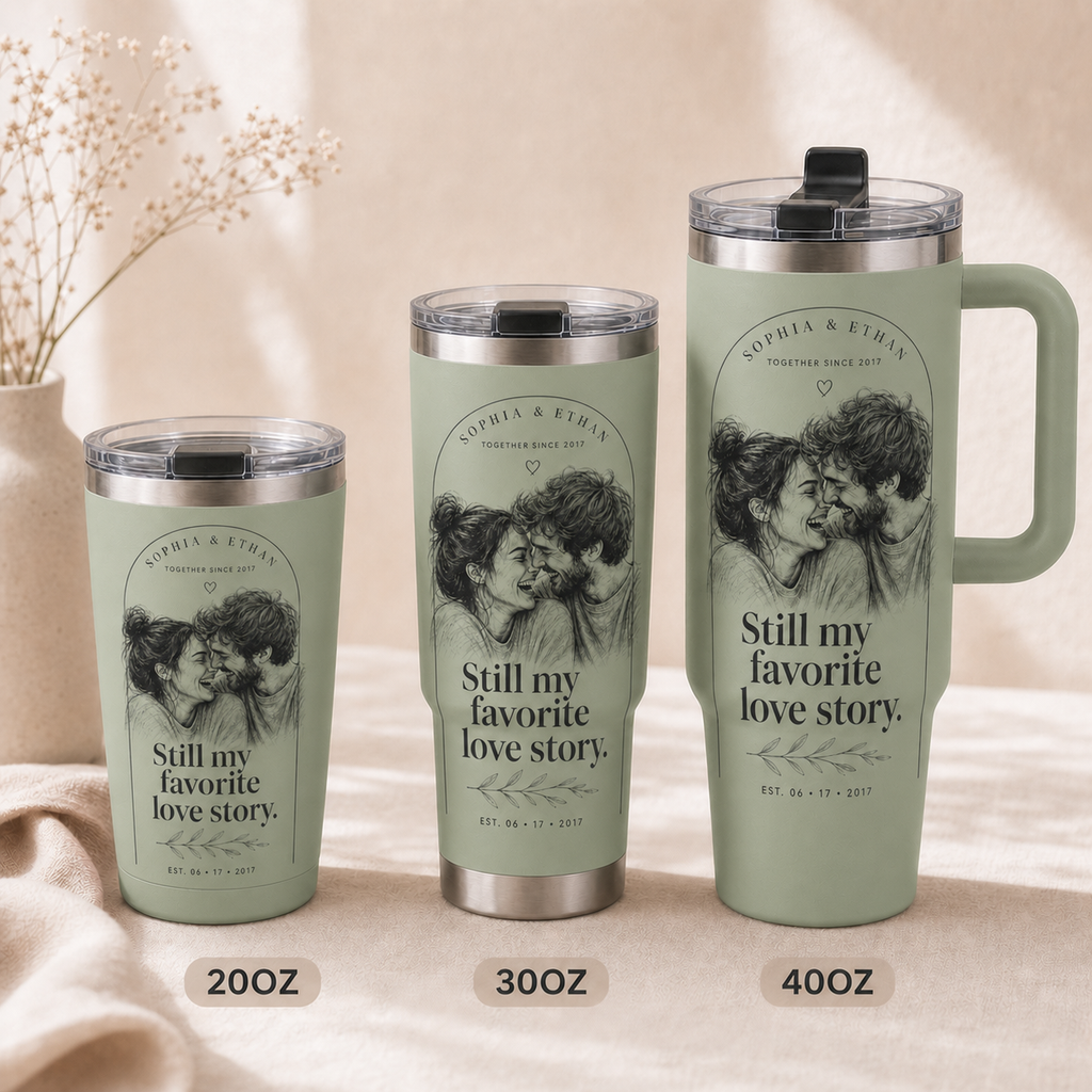 Favorite Love Story personalized tumbler in Sage Green, shown in 20oz, 30oz, and 40oz sizes